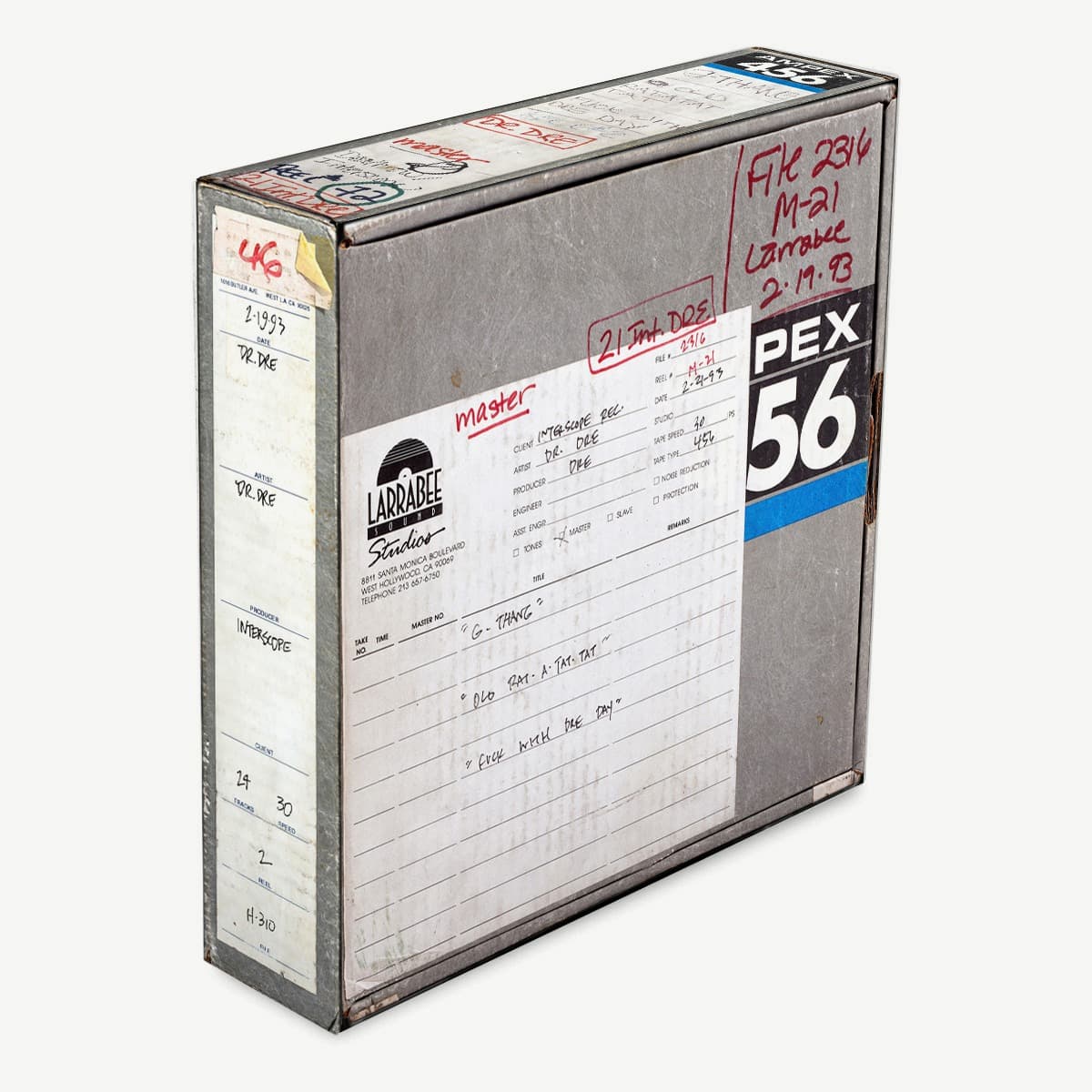 Replica Ampex tape box reproducing an original Chronic session reel